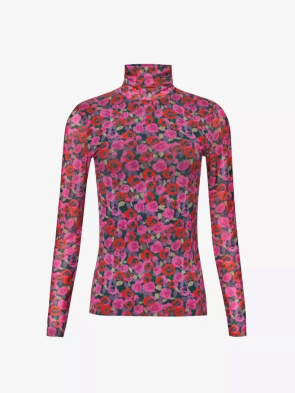 GANNI  High-Neck Floral-Print Recycled-Polyamide Mesh Top
